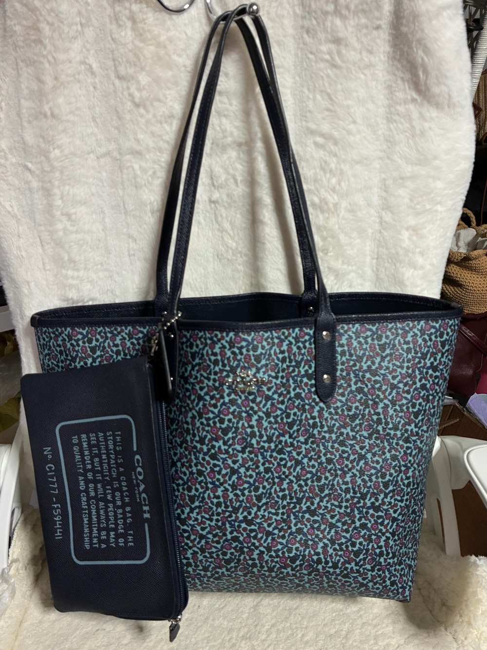 Coach Reverseable Tote in Teal, Navy and Pink